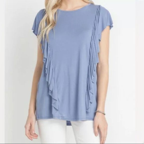 NEW Mittoshop Slate Blue Bamboo Ruffle Top - Picture 1 of 3